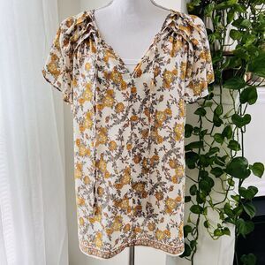Max Studio Yellow & White Floral Chiffon Boho Retro Inspired Flowy Blouse Large